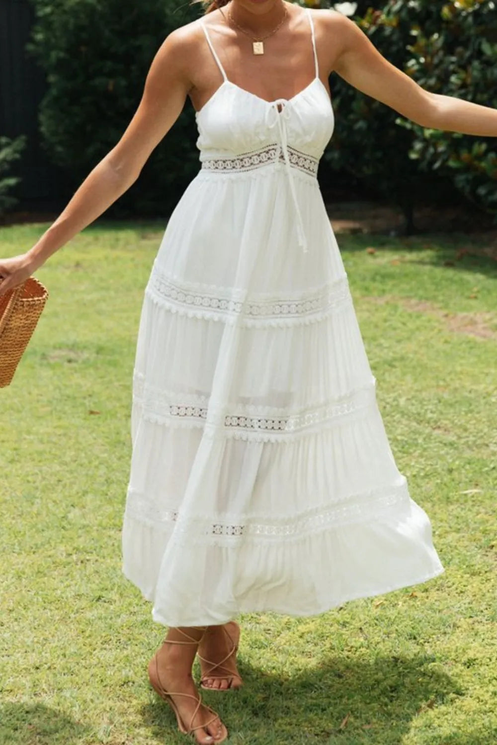Lace Detail Smocked Midi Cami Dress - White Midi Dresses