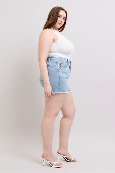 Full Size Tummy Control Raw Hem Denim Shorts Plus Size - Ro + Ivy