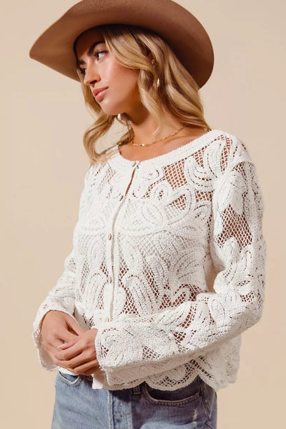 Floral Pattern Button Front Crochet Lace Cardigan — Delicate Lightweight Feminine Layering Style - Cardigans