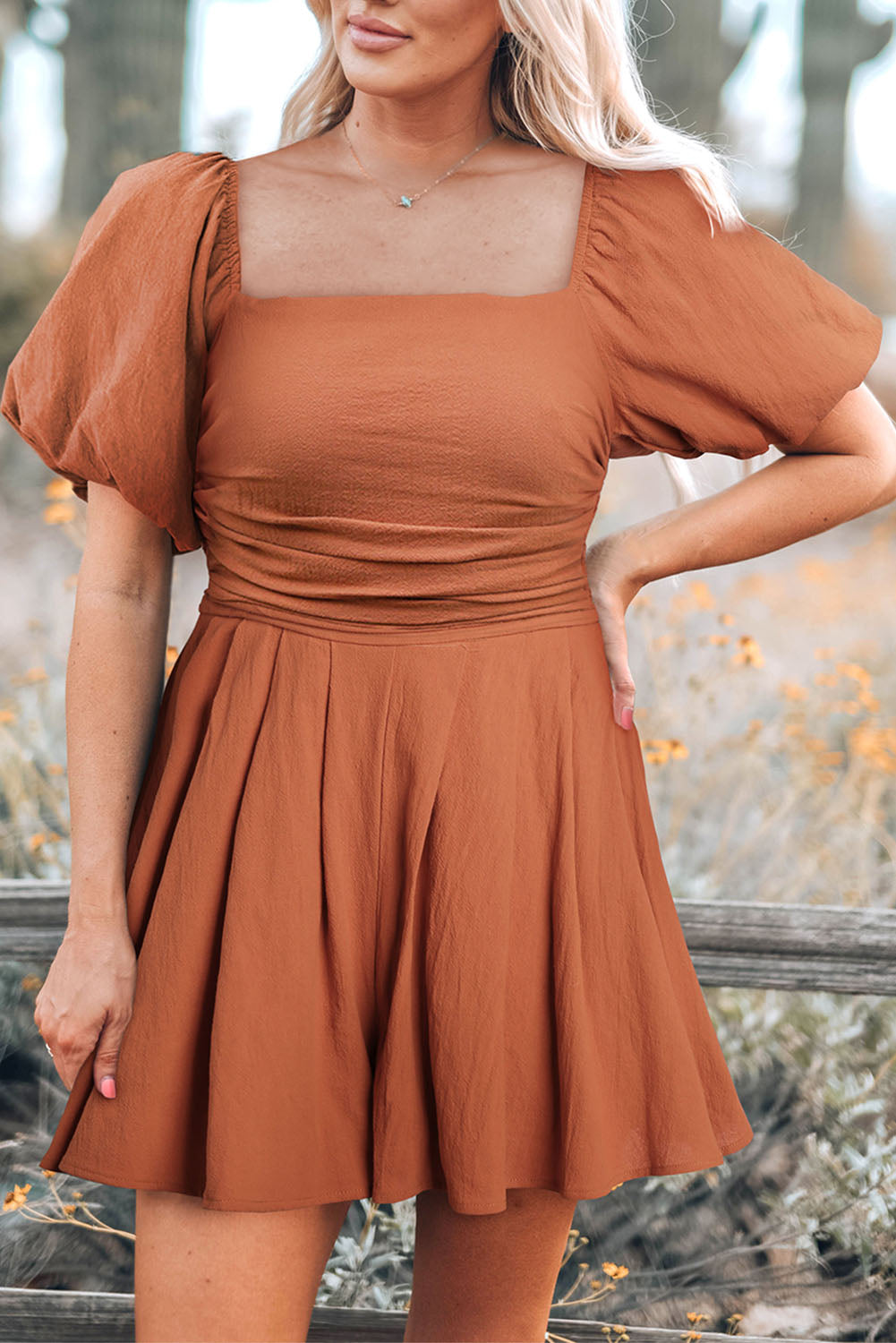 Square Neck Puff Sleeve Pleated Romper With Pockets - Rompers