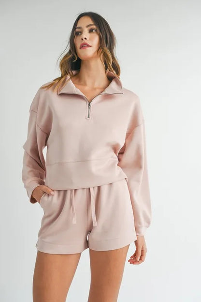 Half Zip Sweatshirt and Shorts Set - Pink Loungewear Sets