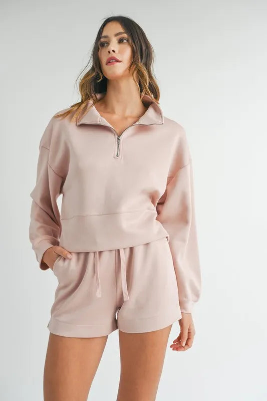 Half Zip Sweatshirt and Shorts Set - Pink Loungewear Sets