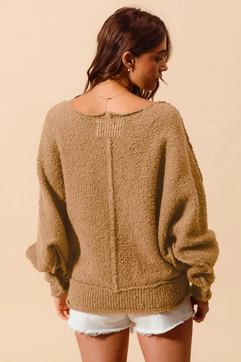 Boucle Loose Fit Sweater with Exposed Seam in Taupe | Trendy Sweaters Outfit Idea for Women by Ro + Ivy | Elevated Basics, Modern Comfort & Style