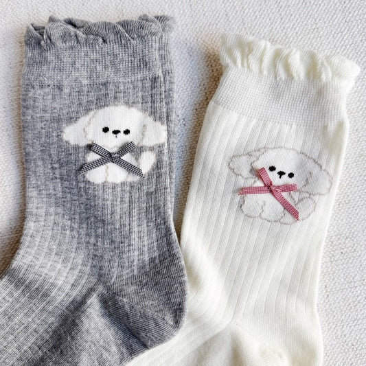 As Shown One Size Bichon Puppy Ruffle Design Socks Set Of 2 | Trendy Socks Outfit Idea for Women by Ro + Ivy | Elevated Basics, Modern Comfort & Style