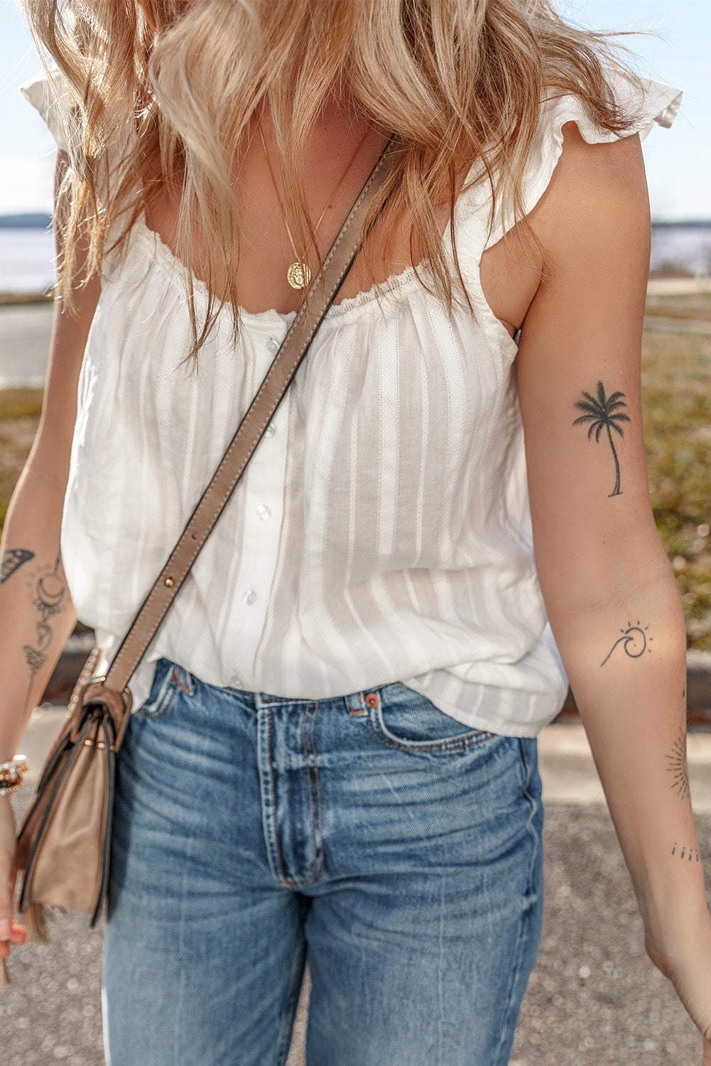 See Through Button Front Ruffle Sleeve Top