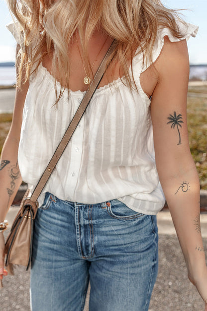 See Through Button Front Ruffle Sleeve Top