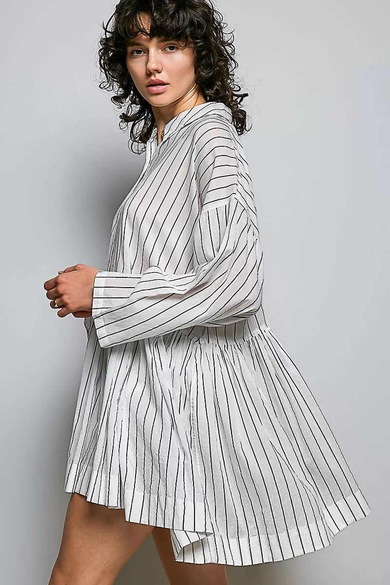 Women's Striped Relaxed Fit Shirt Mini Dress - Mini Dresses