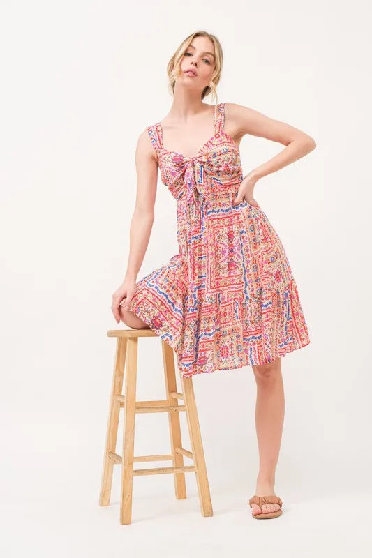 Tied Front Smocked Back Tiered Boho Mini Dress – outfit idea for women | Ro + Ivy