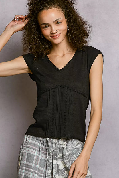 Lightweight Cotton Textured Short Sleeve V Neck Top With Lace Trim BLACK