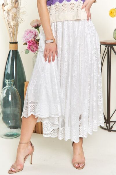 Elastic Waist Lace Midi Skirt in White - Ro + Ivy