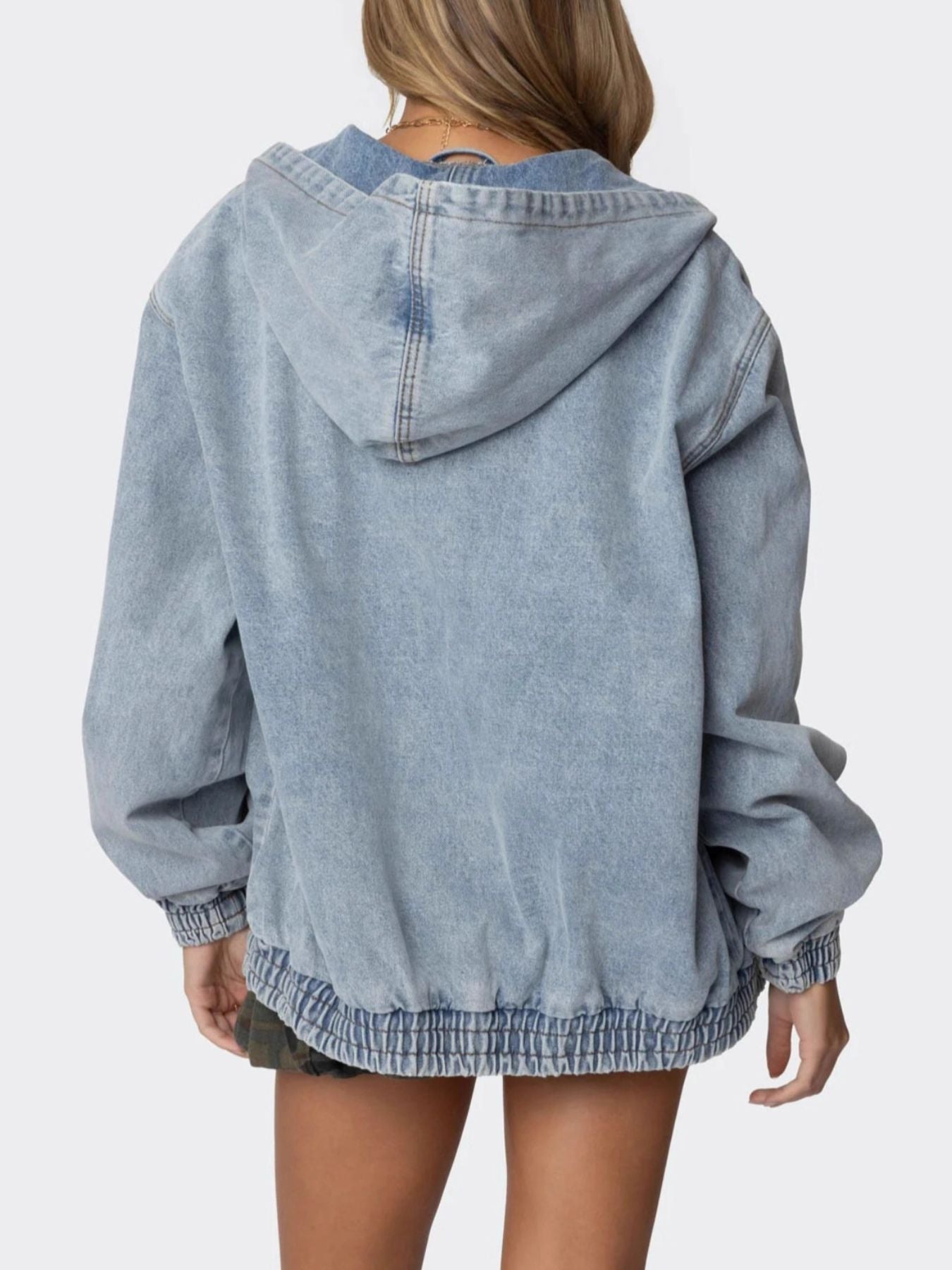 Hooded Oversized Zip Up Denim Jacket - Jackets