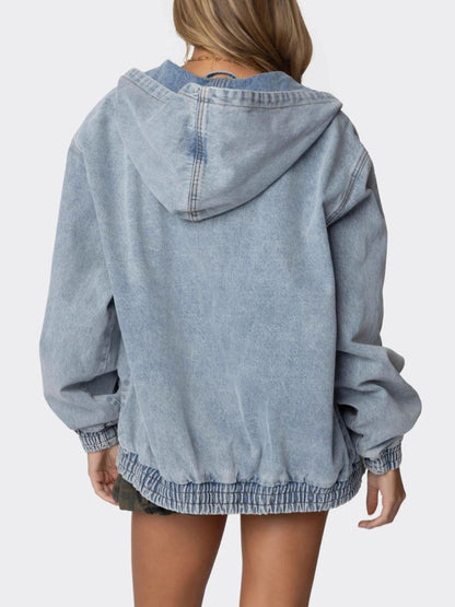 Hooded Oversized Zip Up Denim Jacket - Jackets