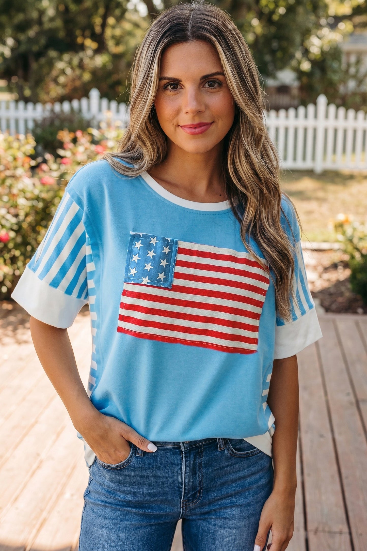 Soft Cotton Blend July 4Th Patriotic Graphic T-Shirt — Breathable Relaxed Everyday Style - Light Blue Tops & Tees