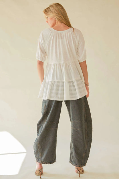 Ruffled Flared Short Sleeve V Neck Blouse – outfit idea for women | Ro + Ivy