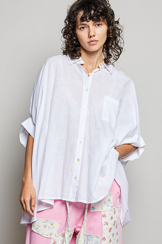 100% Cotton Button Down Half Dolman Sleeve Shirt in White - OFF WHITE Shirts