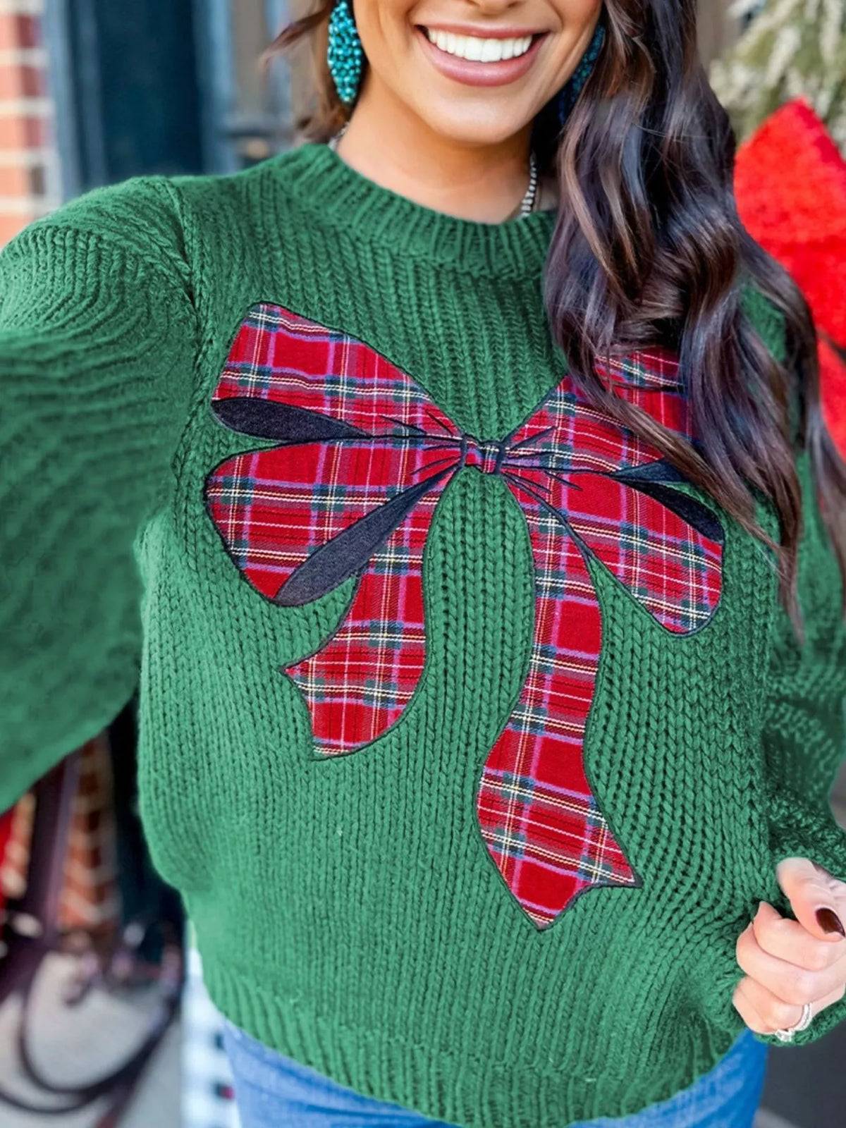 Plaid Bow Appliqué Christmas Knit Sweater Dark Green