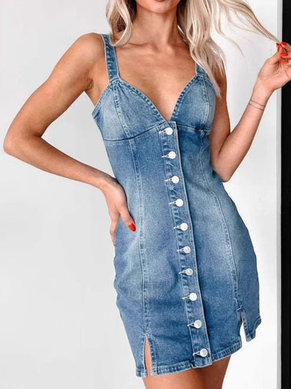 Button Front V Neck Denim Mini Dress - Mini Dresses