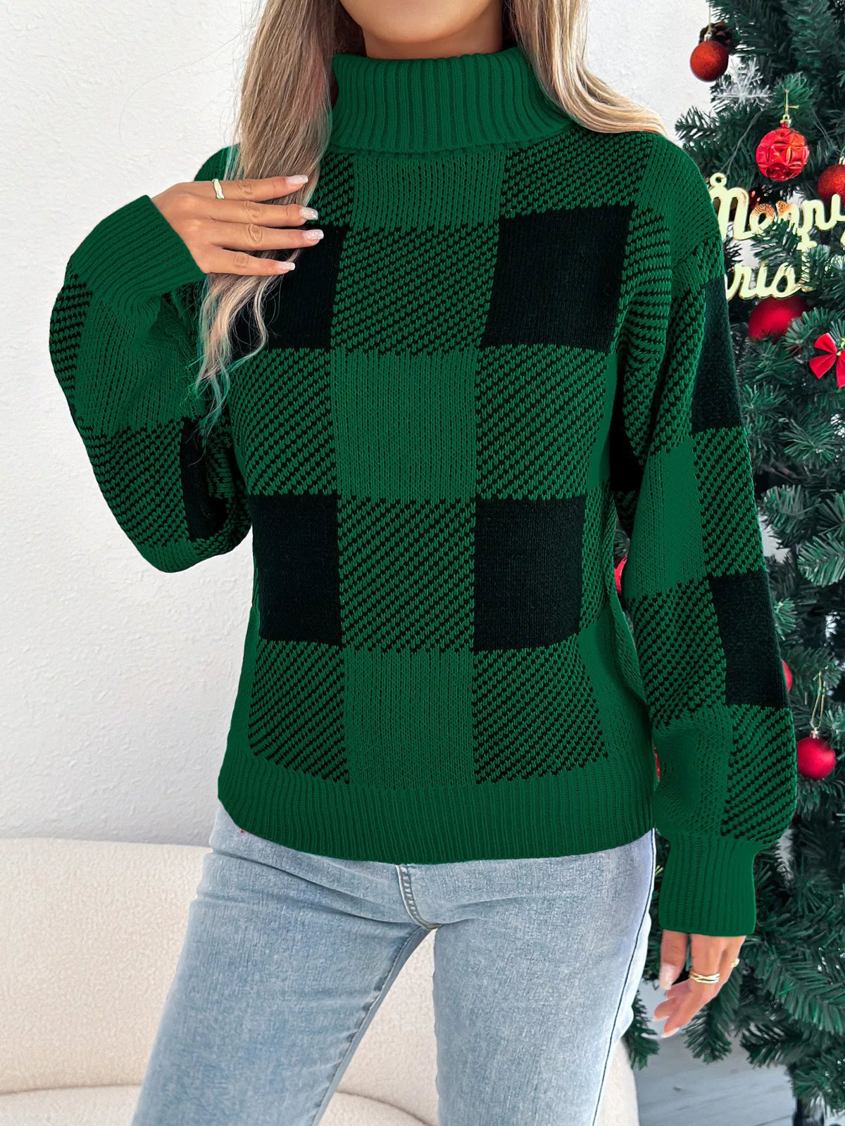 Christmas Plaid Long-Sleeve Turtleneck Knit Sweater