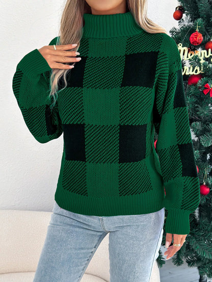 Christmas Plaid Long-Sleeve Turtleneck Knit Sweater