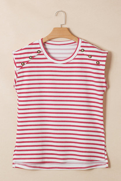 Striped Textured Knit Buttoned Shoulder Short Sleeve Tee — Unique Casual Everyday Style - Tops/Tops & Tees