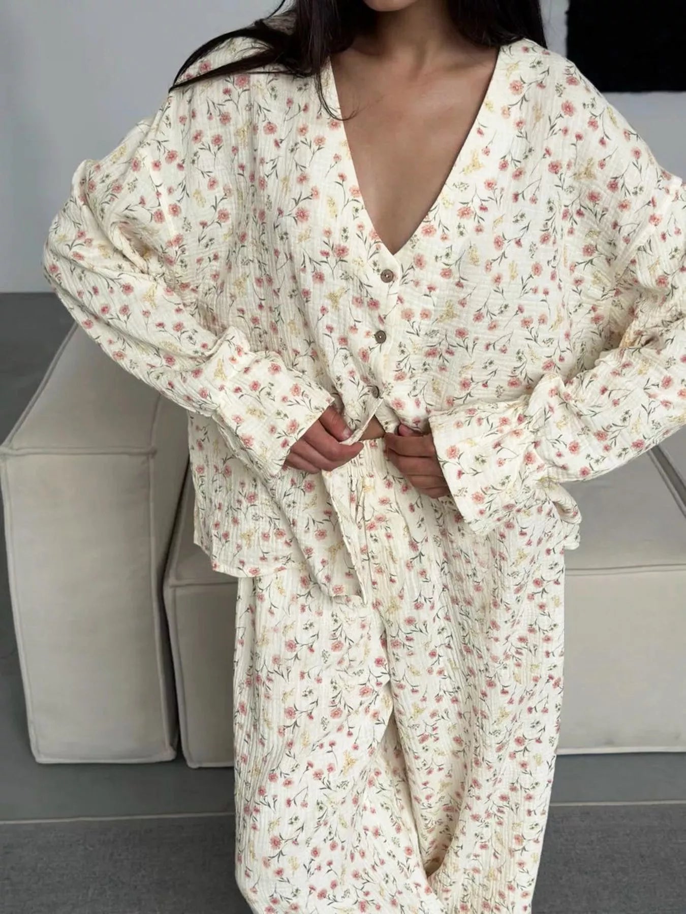 Floral Print Button-Down V Neck Top and Pants Loungewear Set - Loungewear Sets