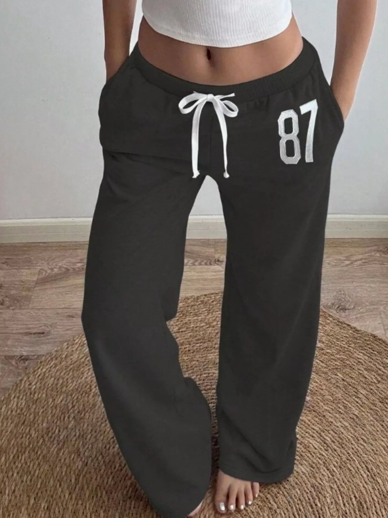 Drawstring Pocketed Wide Leg Sweatpants Dark Gray