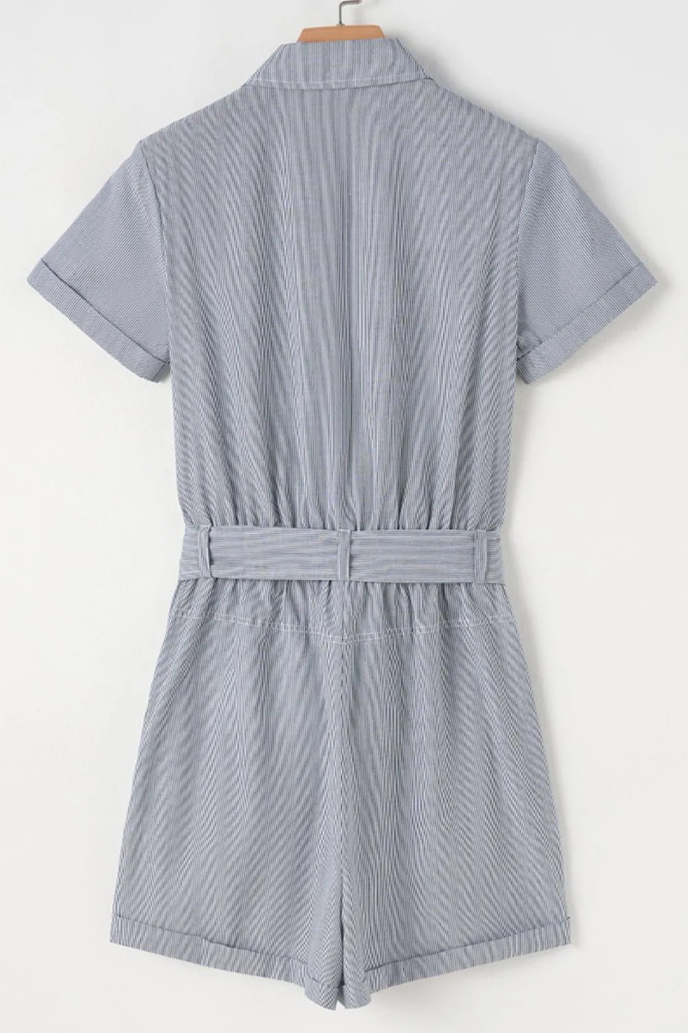 Button Up Striped Romper with Front Pockets and Waist Tie - Rompers