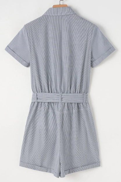 Button Up Striped Romper with Front Pockets and Waist Tie - Rompers