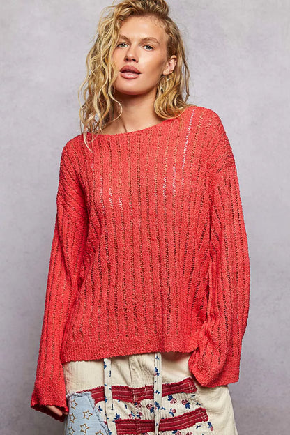 Round Neck Long Sleeve Open Weave Sweater - Sweaters