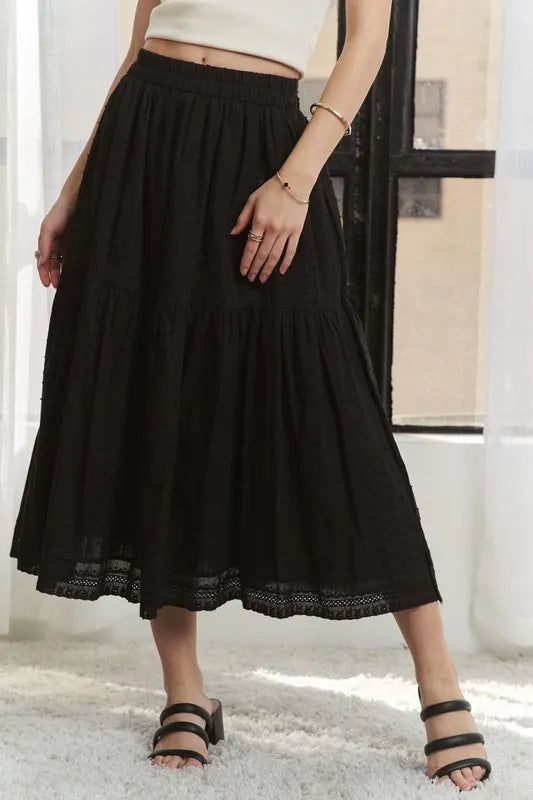 Elastic Waistband Tiered Midi Skirt – outfit idea for women | Ro + Ivy