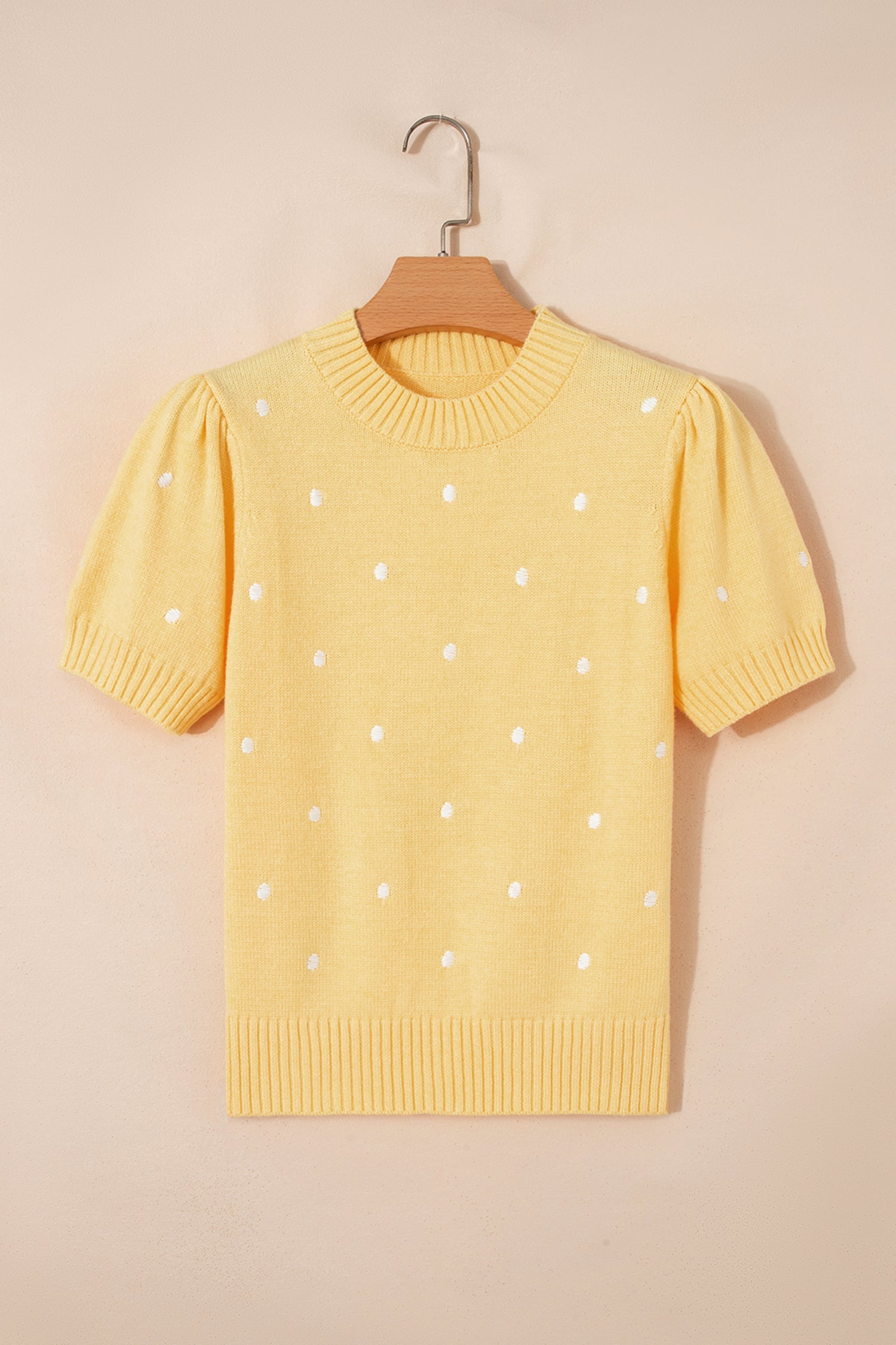 Polka Dot Bubble Sleeve Short Sleeve Knit Sweater Top — Playful Sophisticated Style - Sweaters & Cardigans/Short Sleeve Sweaters