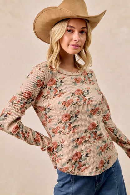 Taupe Washed Floral Long Sleeve Waffle Thermal Top with Sleeve Thumb Hole | Trendy Tops Outfit Idea for Women by Ro + Ivy | Elevated Basics, Modern Comfort & Style