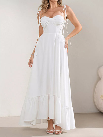 Sweetheart Neck Tie-Strap Ruffle Hem Maxi Dress - Maxi Dresses