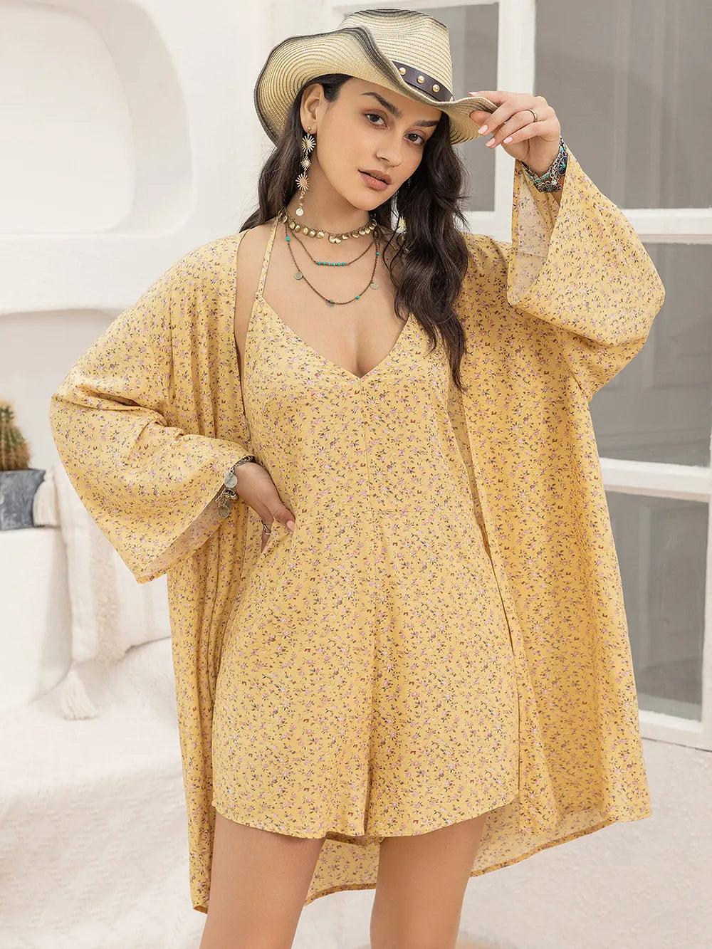 Women's Printed Halter Neck Romper and Cover Up Set - Rompers