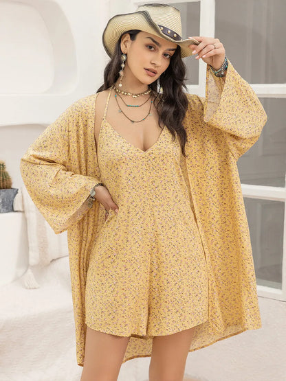 Women's Printed Halter Neck Romper and Cover Up Set - Rompers