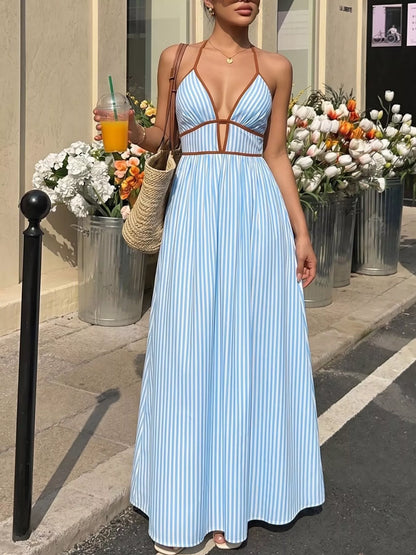 Women's Smocked Striped Halter Neck Maxi Dress - Maxi Dresses
