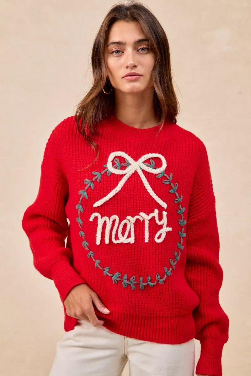 RED "Merry" Lettering Christmas Wreath Crewneck Sweater | Trendy Sweaters Outfit Idea for Women by Ro + Ivy | Elevated Basics, Modern Comfort & Style