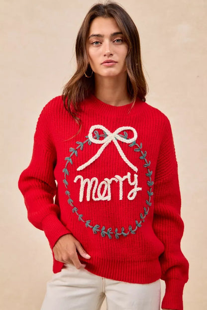 RED "Merry" Lettering Christmas Wreath Crewneck Sweater | Trendy Sweaters Outfit Idea for Women by Ro + Ivy | Elevated Basics, Modern Comfort & Style