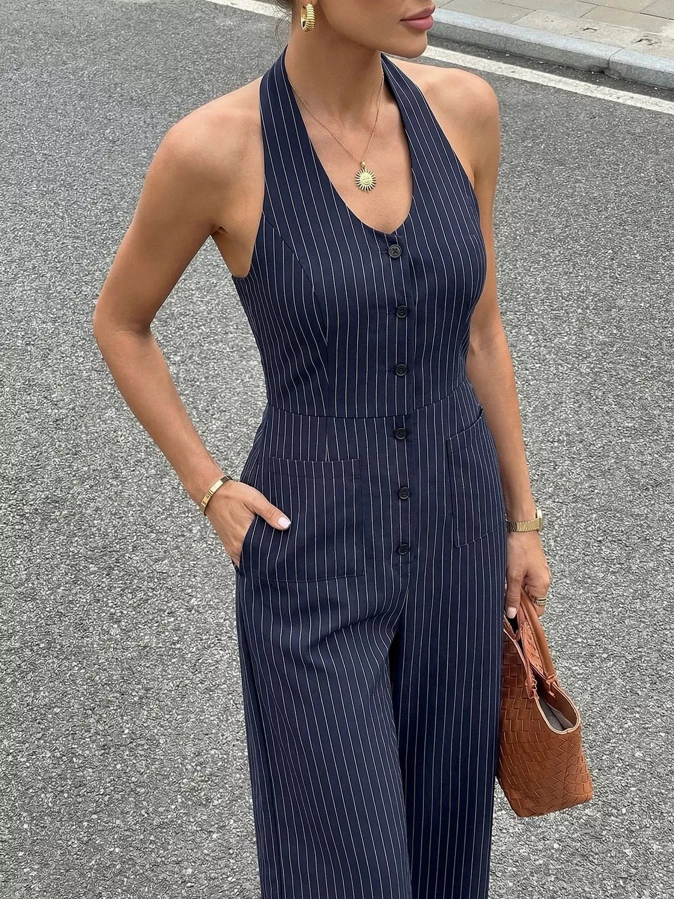 Women's Striped Halter Neck Jumpsuit - Jumpsuits