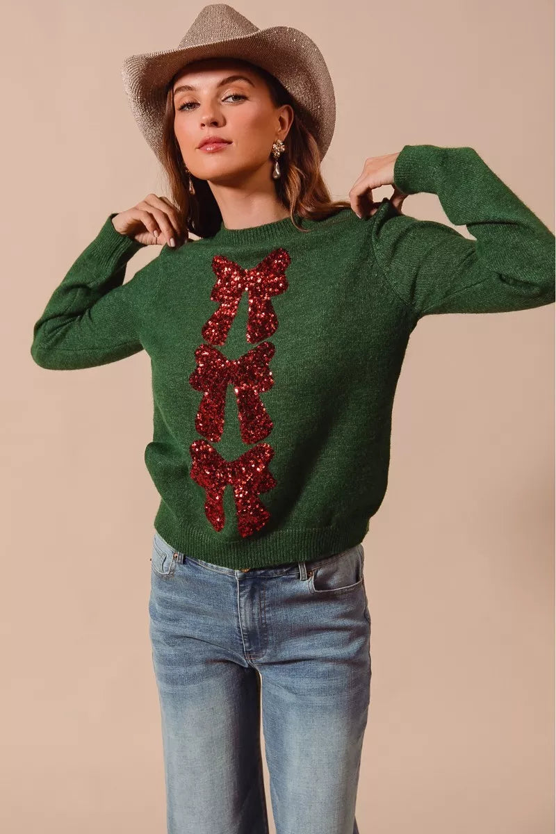 HUNTER RED Bow Sequins Round Neck Long Sleeve Sweater in Hunter | Trendy Sweaters Outfit Idea for Women by Ro + Ivy | Elevated Basics, Modern Comfort & Style