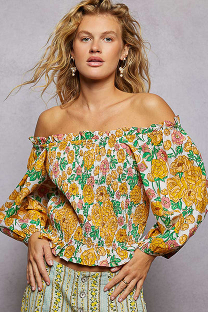 100% Cotton Floral Print Off-Shoulder Smocked Blouse - HONEY MULTI Blouses