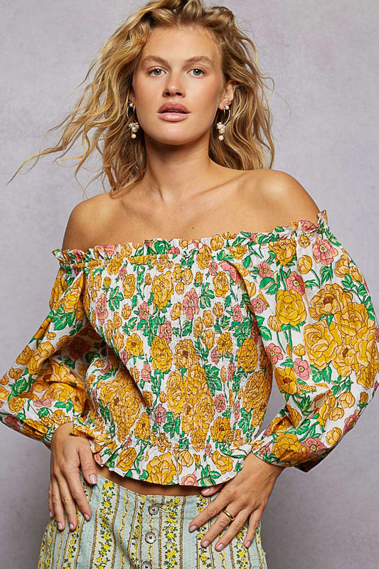 100% Cotton Floral Print Off-Shoulder Smocked Blouse - HONEY MULTI Blouses