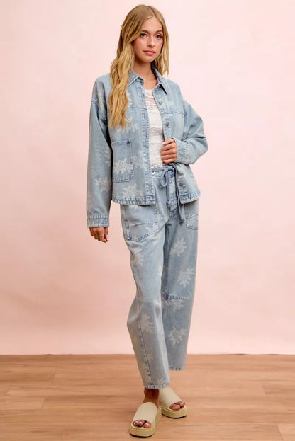 Women's Printed Washed Denim Jacket with Pocket - Jackets