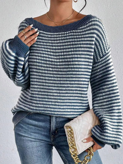 Oversized Striped Ribbed Knit Sweater with Boat Neck