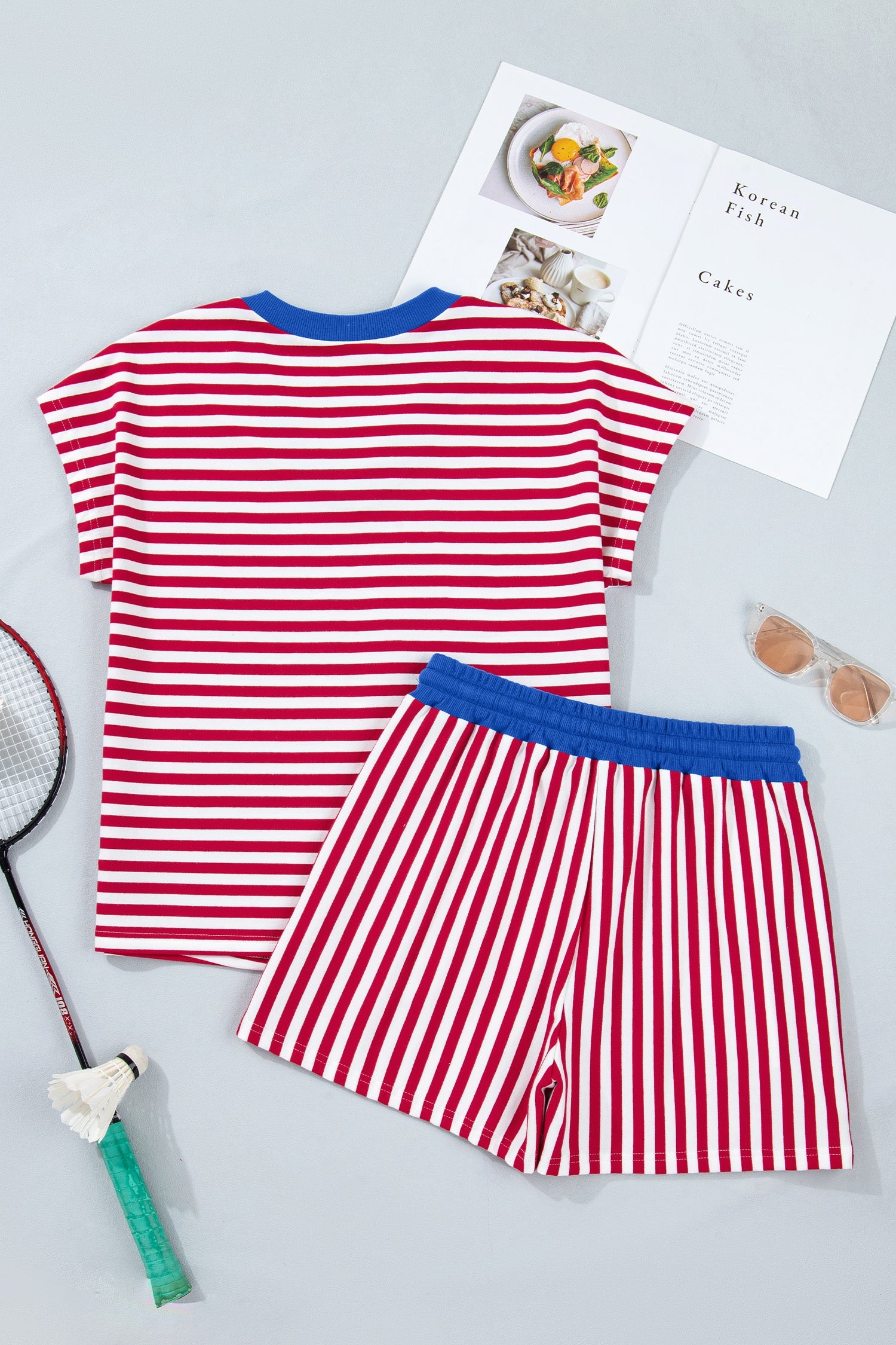 Striped Colorblock V-Neck Tee & Drawstring Shorts Two-Piece Set — Laid-Back Casual Style - Two Piece Sets/Short Sets