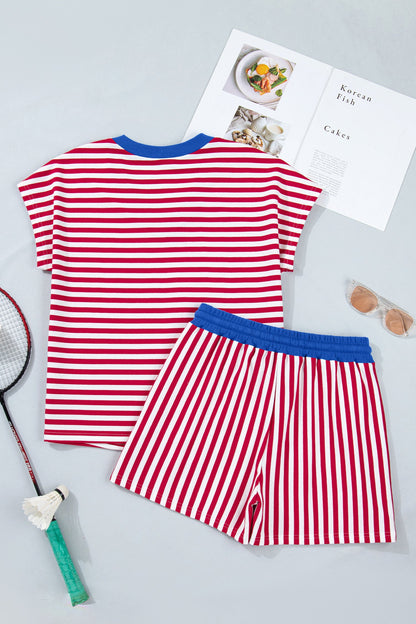 Striped Colorblock V-Neck Tee & Drawstring Shorts Two-Piece Set — Laid-Back Casual Style - Two Piece Sets/Short Sets
