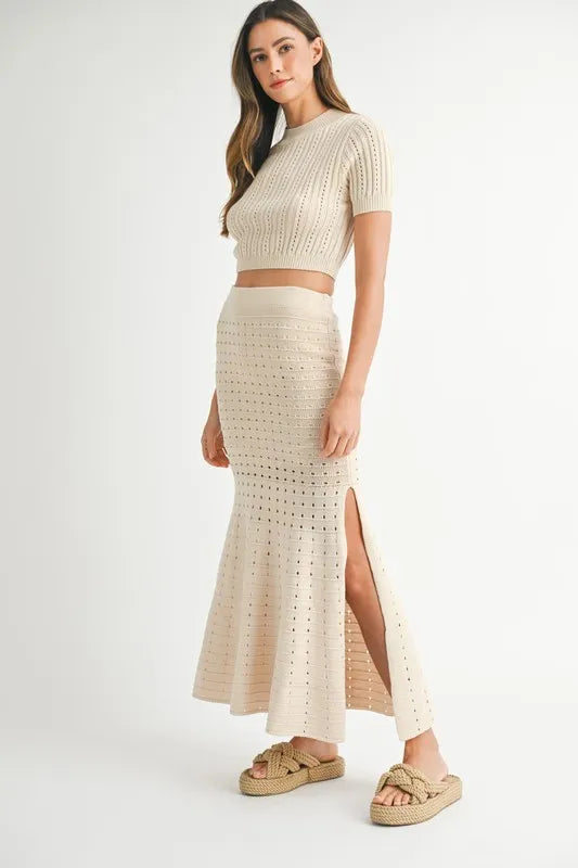 Pointelle Knit Crop Top & Front Slit Midi Skirt Sweater Set — Textured Edgy Two-Piece Style - Outfit Sets