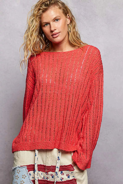 Round Neck Long Sleeve Open Weave Sweater - APPLE RED Sweaters