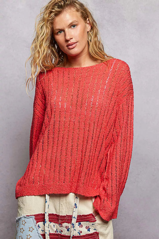 Round Neck Long Sleeve Open Weave Sweater - APPLE RED Sweaters
