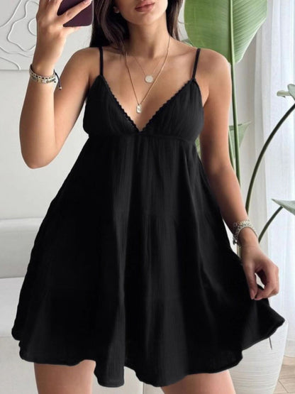 V-Neck Tiered Mini Dress - Black Mini Dresses